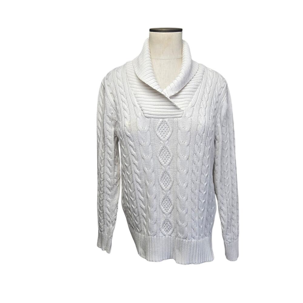 Pria Women's Cowl Neck Pullover Cotton Cable Knit Sweater Large White